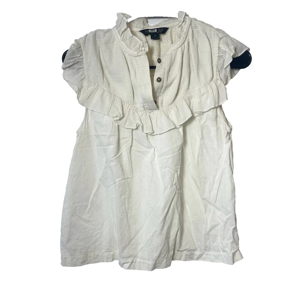 Rachel Zoe Hera Sleeveless Tank Top Blouse Womens 0 White Button Ruffle Trim